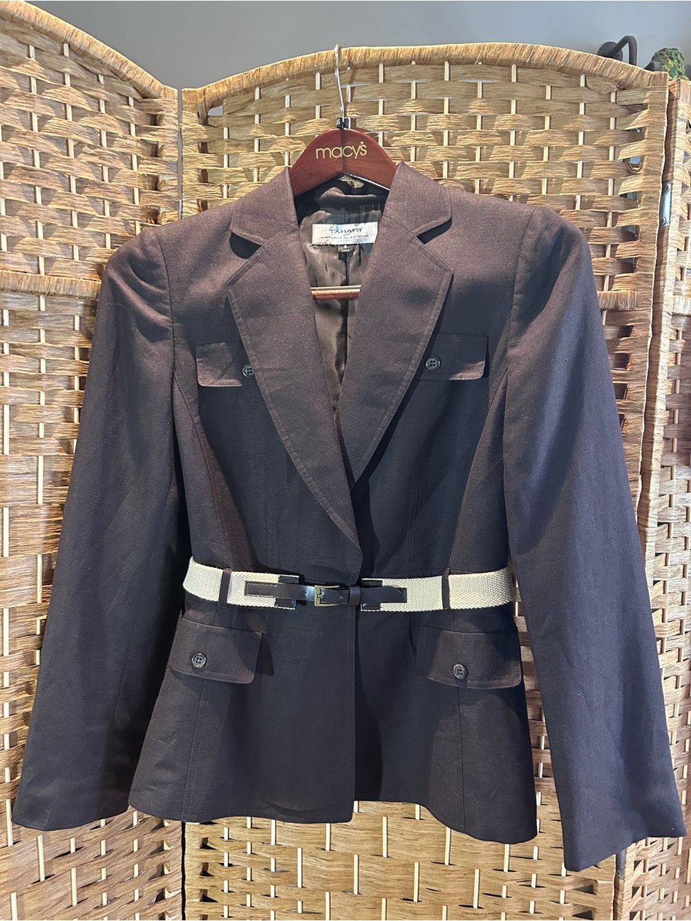 Tahari Brown Linen Blend Belted Blazer Tailored Career Jacket Size 8